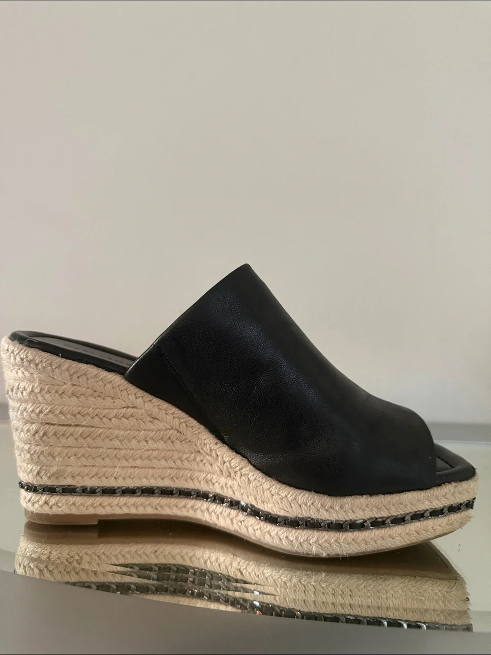 KARL LAGERFELD Corissa Black Leather Espadrille Platform Wedge Sandals 8.5 Women